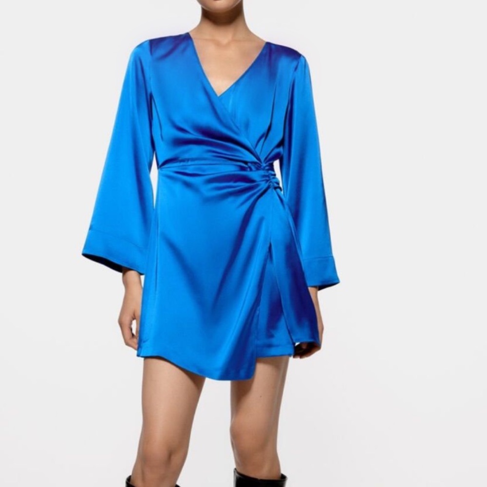 NWT Zara blue turquoise satin long sleeve wrap mini dress size XS